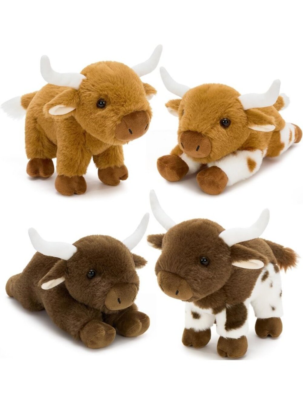 4 PCS Realistic Longhorn Cow Plush Set - 12" Soft Farm Stuffed Animals for Kids